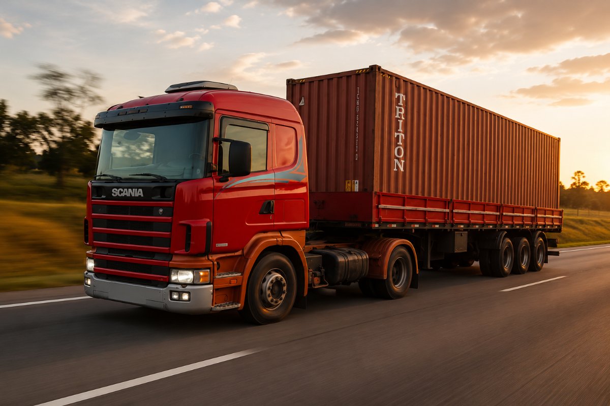 Caminhão Scania G380 prata com carreta graneleira da frota Trans Bala