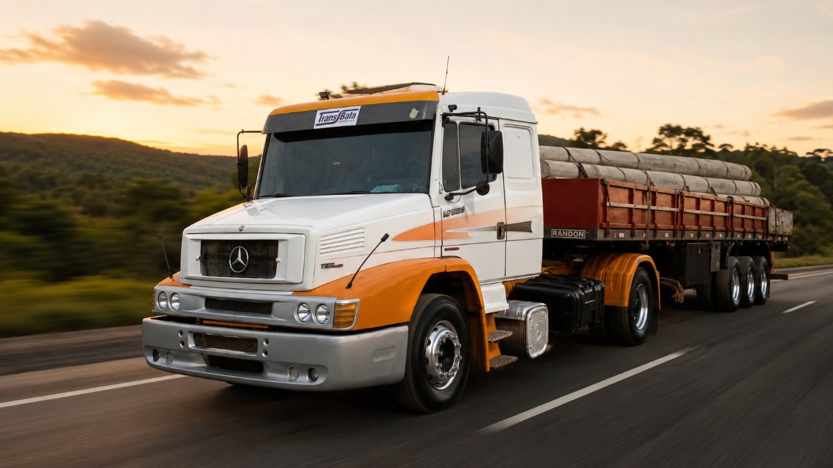 Caminhão Mercedes-Benz 1620 branco da Trans Bala transportando carga em estrada