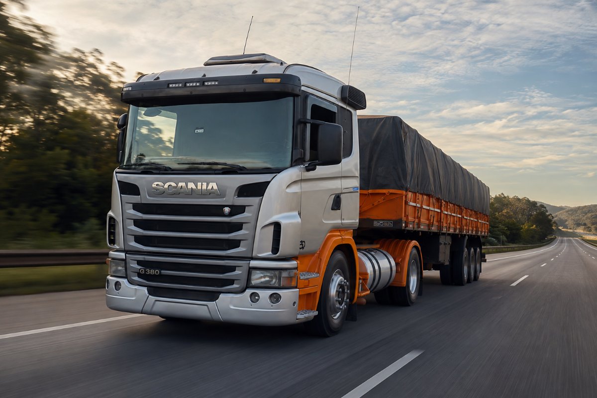 Caminhão Scania 113H branco da frota Trans Bala com contêiner em estrada