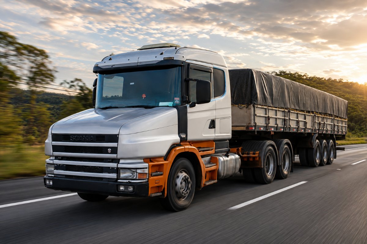 Caminhão Scania T113 prata da frota Trans Bala com carreta graneleira encerada em rodovia